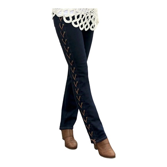 Monroe & Main Denim - Monroe & Main Lace-Up Side Denim Casual Pant Stretch Slim Boho Indigo Blue Jeans